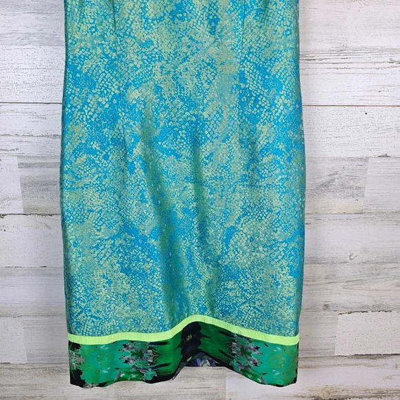 Elie Tahari Silk Blend Iridescent Teal and Green Sleeveless Sheath Dress Sz 10 - Picture 13 of 16